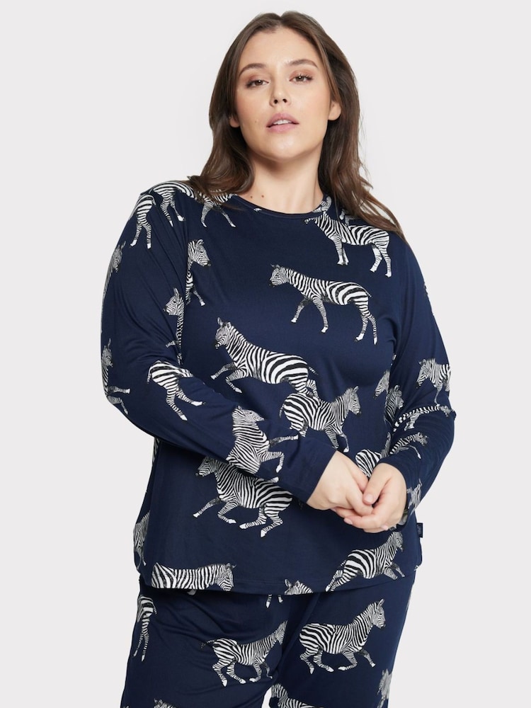 Chelsea Peers Blue Curve Navy Zebra Classic Pyjamas Set - Image 1 of 5 Chelsea Peers Blue Curve Navy Zebra Classic Pyjamas Set - Image 1 of 5