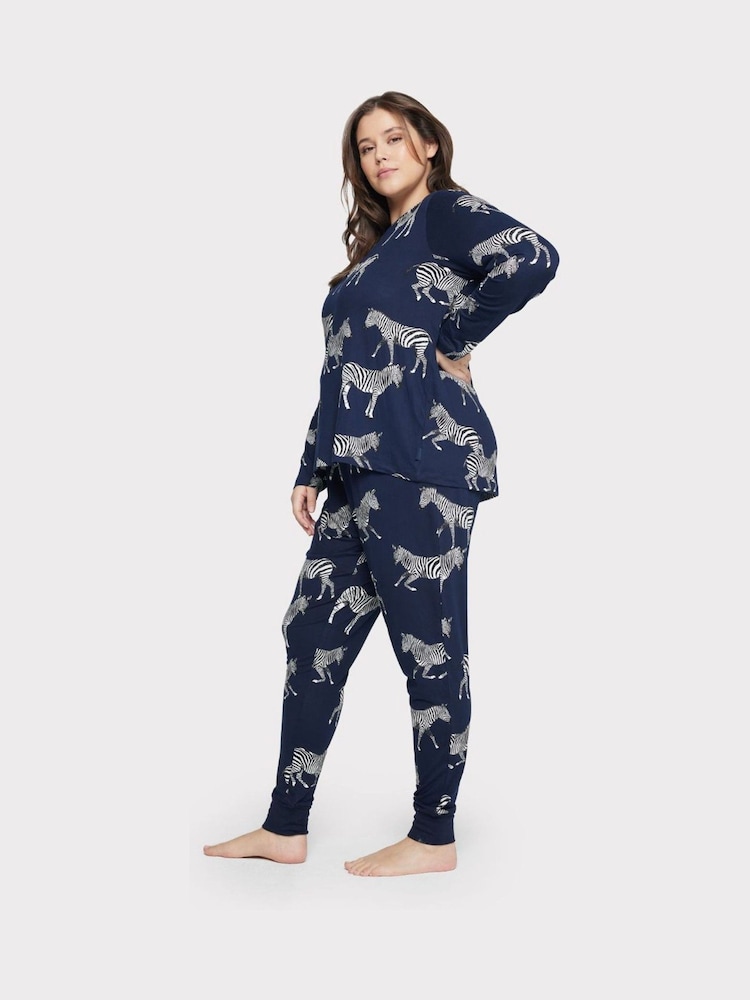 Chelsea Peers Blue Curve Navy Zebra Classic Pyjamas Set - Image 2 of 5 Chelsea Peers Blue Curve Navy Zebra Classic Pyjamas Set - Image 2 of 5