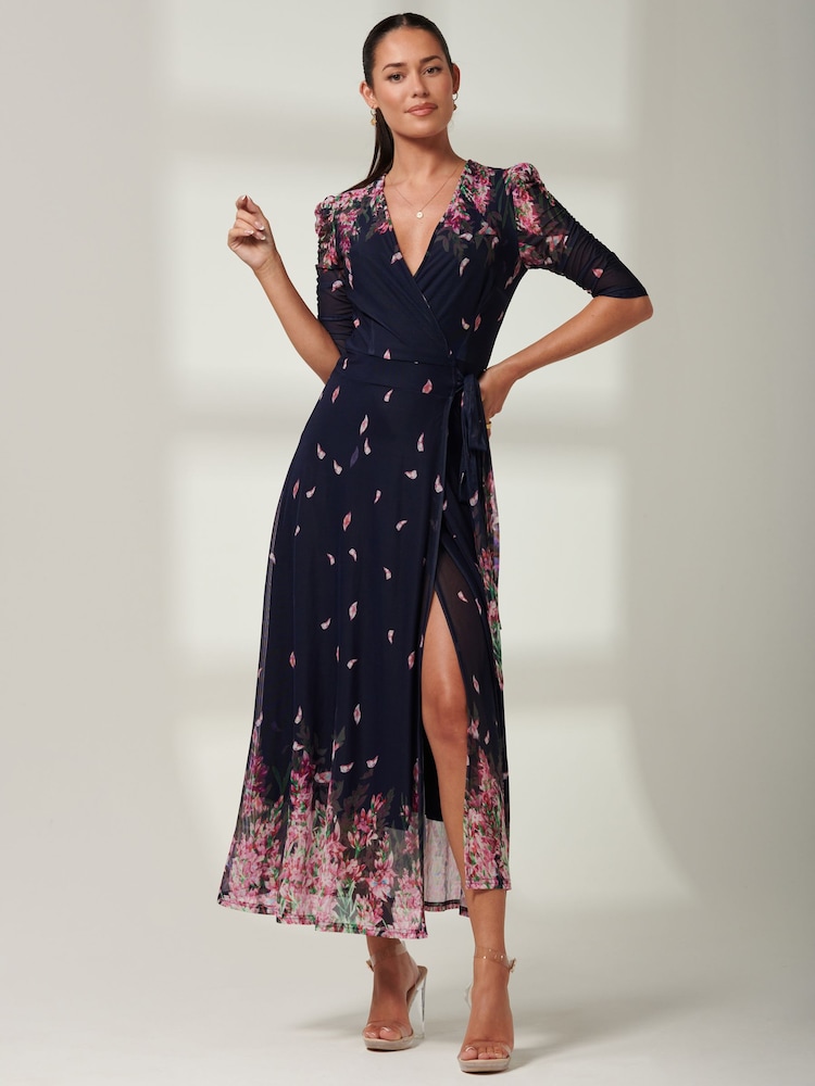 Jolie Moi Blue Elkana Mirrored Floral Mesh Maxi Dress - Image 1 of 6