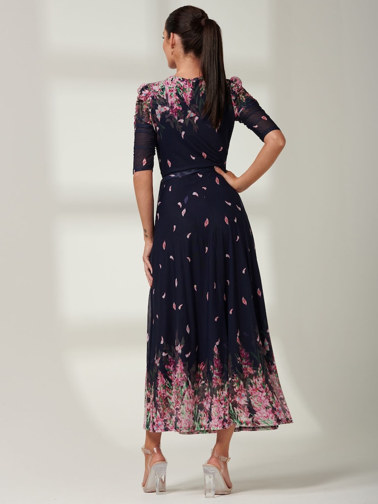 Jolie Moi Blue Elkana Mirrored Floral Mesh Maxi Dress - Image 2 of 6