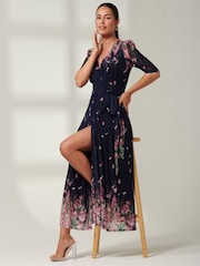 Jolie Moi Blue Elkana Mirrored Floral Mesh Maxi Dress - Image 3 of 6