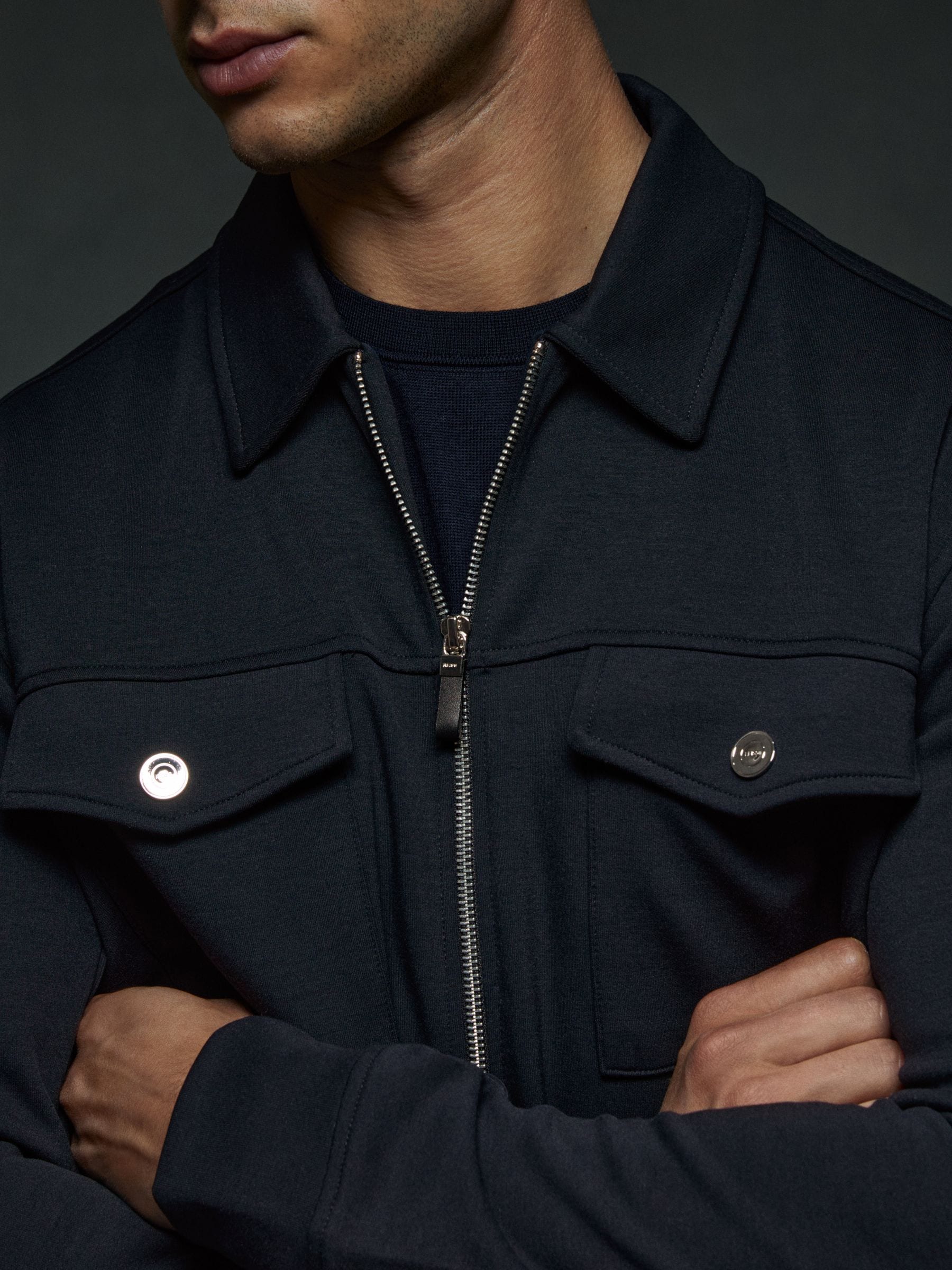 Buy Reiss Navy Blue Medina Premium Interlock Zip-Through Overshirt