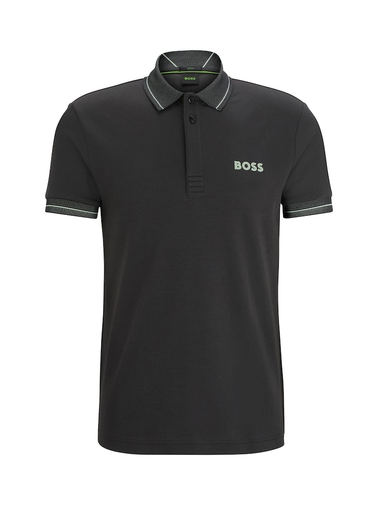 BOSS Dark Grey Mesh Logo Slim Fit Interlock 100% Cotton Polo Shirt - Image 1 of 5