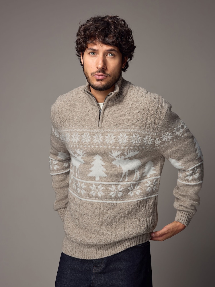 Neutral Fairisle Pattern Regular Fit Christmas Jumper - Image 1 of 9