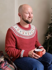 JoJo Maman Bébé Red Men's Reindeer Fair Isle Pattern Jumper - Image 1 of 4