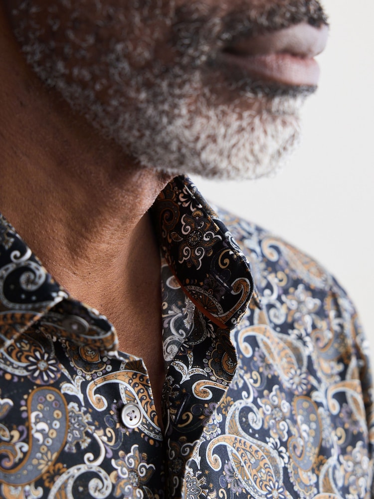 Charcoal Grey Paisley Slim Fit Signature Single Cuff 100% Cotton Formal Shirt - Image 4 of 7