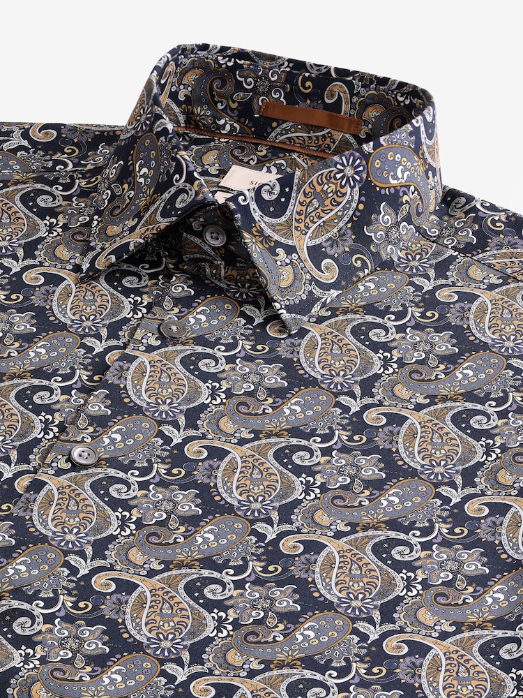 Charcoal Grey Paisley Slim Fit Signature Single Cuff 100% Cotton Formal Shirt - Image 6 of 7