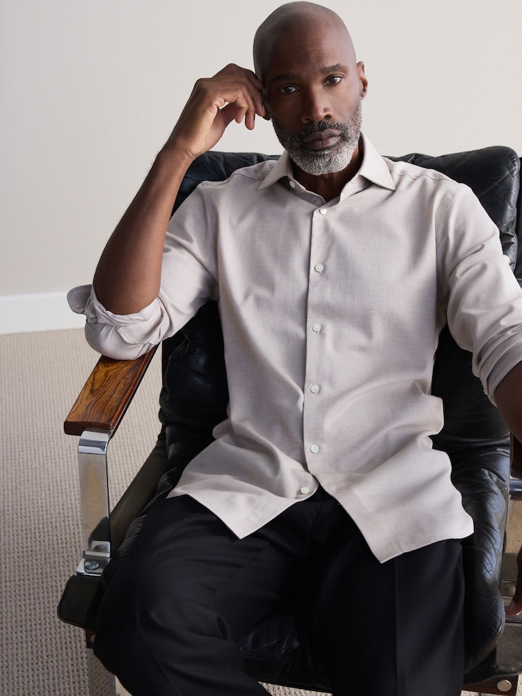 Neutral Brown Slim Fit Signature Cotton And Cashmere Blend Single Cuff Shirt - Image 1 of 9