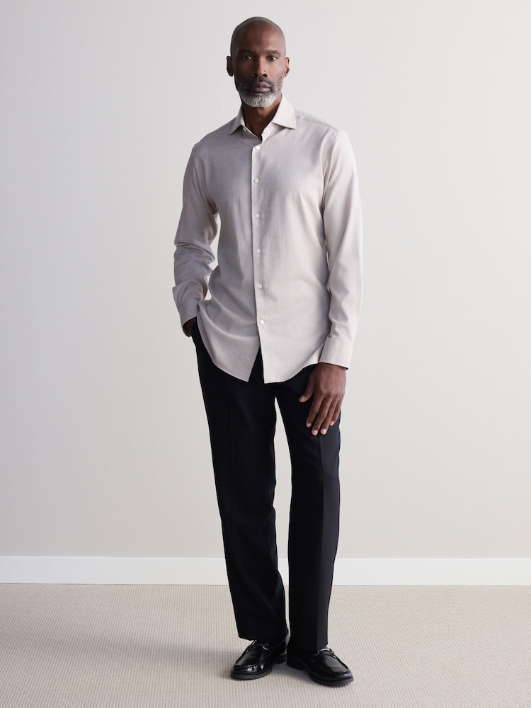 Neutral Brown Slim Fit Signature Cotton And Cashmere Blend Single Cuff Shirt - Image 2 of 9 Neutral Brown Slim Fit Signature Cotton And Cashmere Blend Single Cuff Shirt - Image 2 of 9