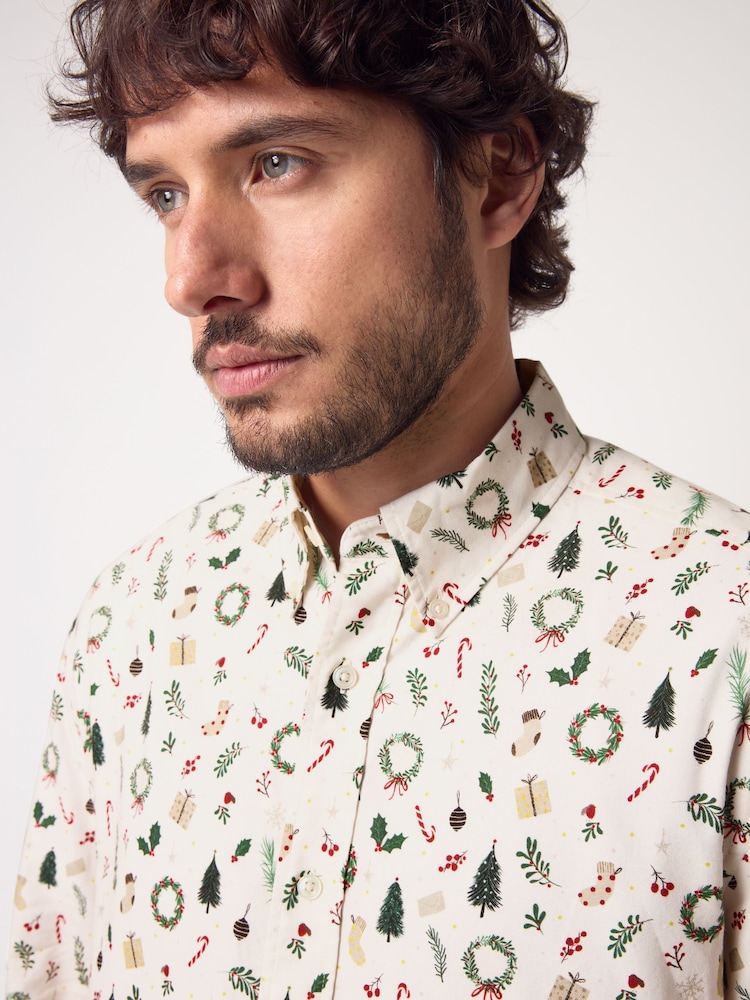 Alb Coroniță - Mânecă lungă Crăciun Imprimeu 100% Cotton Oxford Cămăși - Image 5 of 8