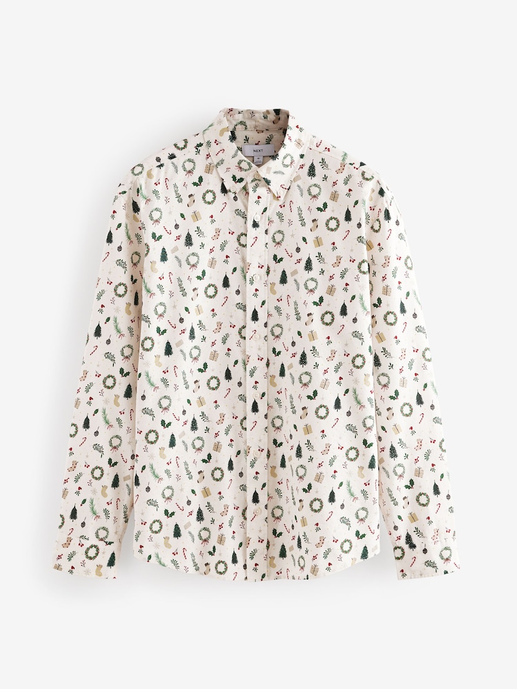 Alb Coroniță - Mânecă lungă Crăciun Imprimeu 100% Cotton Oxford Cămăși - Image 7 of 8