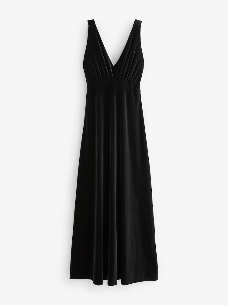 Noir - Robe longue en velours à col en V - Image 6 of 7