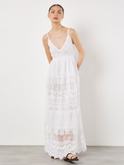 Apricot White 100% Cotton Embroidered Boho Tiered Maxi Dress - Image 1 of 5