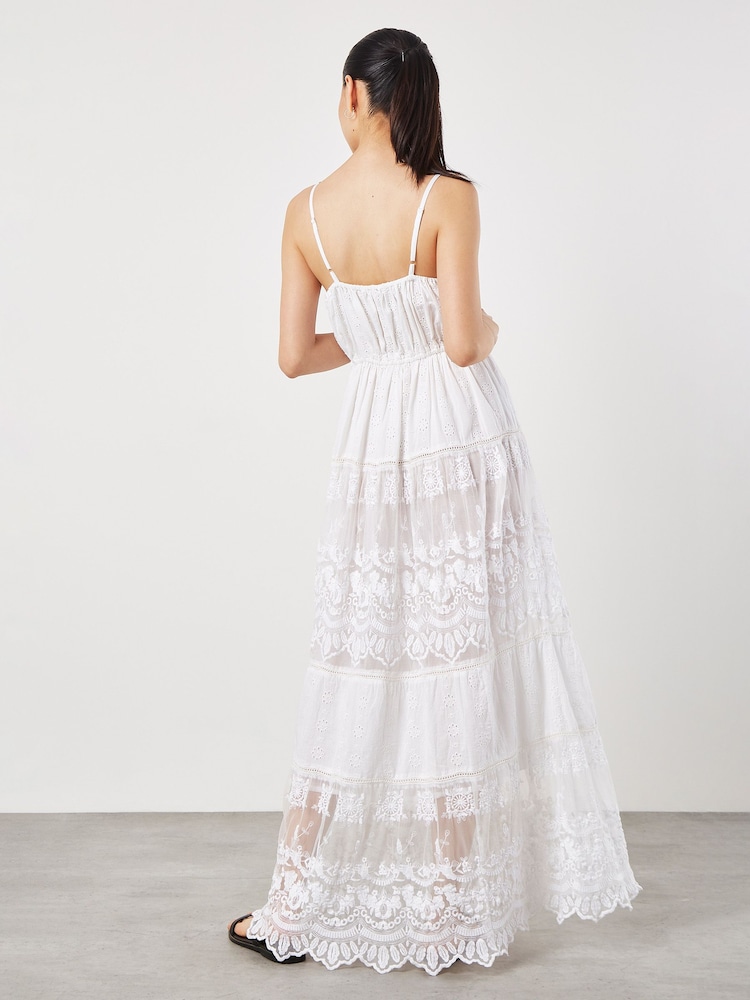 Apricot White 100% Cotton Embroidered Boho Tiered Maxi Dress - Image 2 of 5 Apricot White 100% Cotton Embroidered Boho Tiered Maxi Dress - Image 2 of 5
