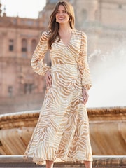 Sosandar Brown Animal Print Blouson Sleeve Wrap Maxi Dress - Image 1 of 5
