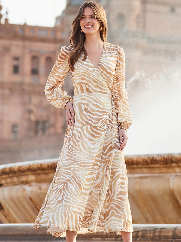 Sosandar Brown Animal Print Blouson Sleeve Wrap Maxi Dress - Image 1 of 5