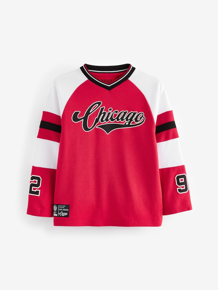 Red 100% Cotton Long Sleeve Varsity T-Shirt (3-16yrs) - Image 1 of 1