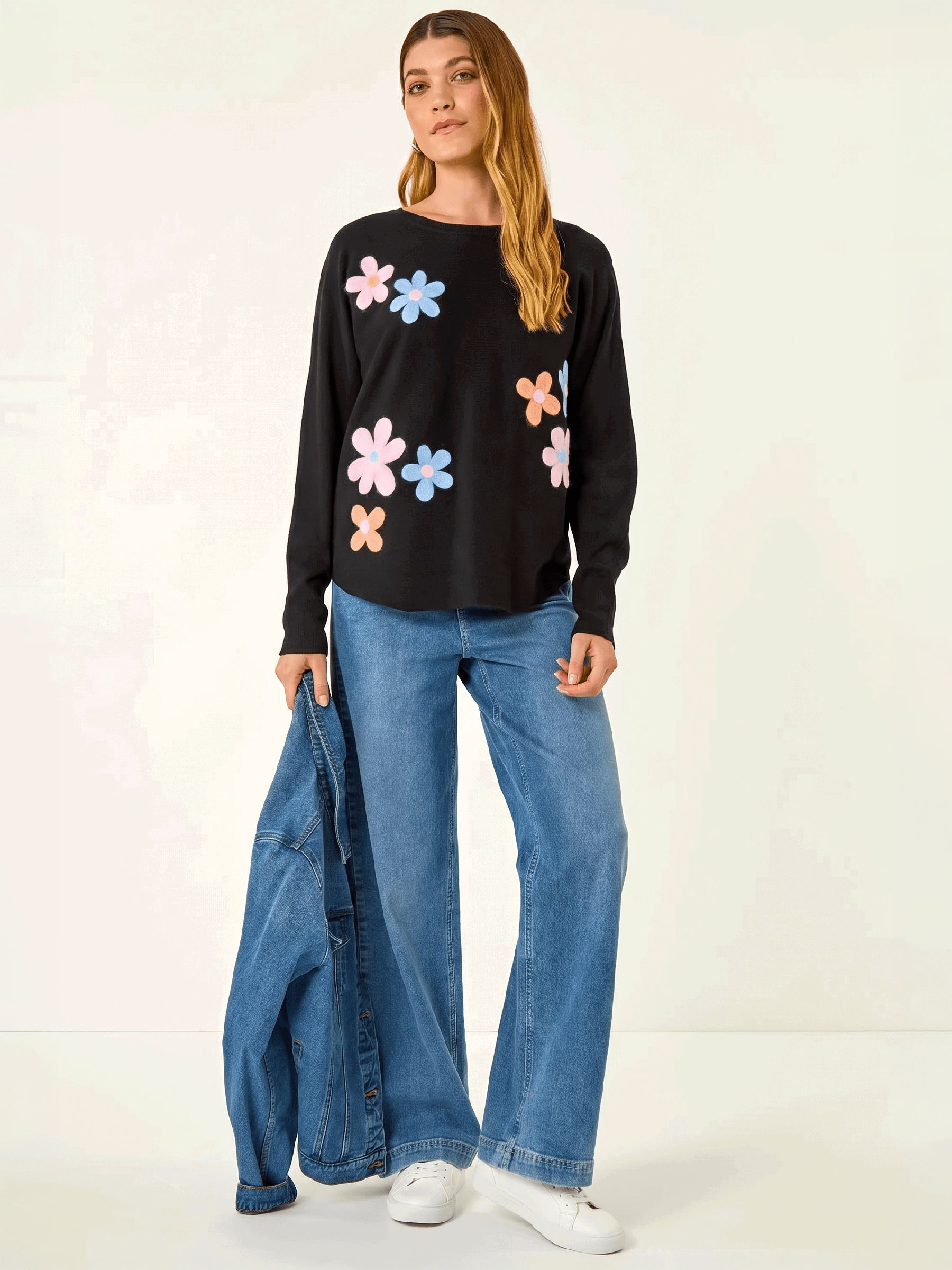 Roman Women's Black Floral Embroidery Knit Jumper In - Image 3