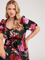 Yours Curve Black Dark Floral Puff Sleeve Peplum Top - Image 1 of 6