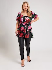 Yours Curve Black Dark Floral Puff Sleeve Peplum Top - Image 2 of 6