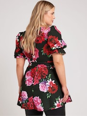 Yours Curve Black Dark Floral Puff Sleeve Peplum Top - Image 3 of 6