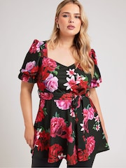 Yours Curve Black Dark Floral Puff Sleeve Peplum Top - Image 4 of 6