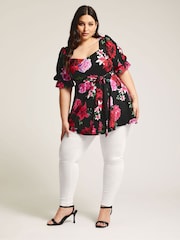 Yours Curve Black Dark Floral Puff Sleeve Peplum Top - Image 5 of 6