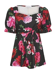Yours Curve Black Dark Floral Puff Sleeve Peplum Top - Image 6 of 6
