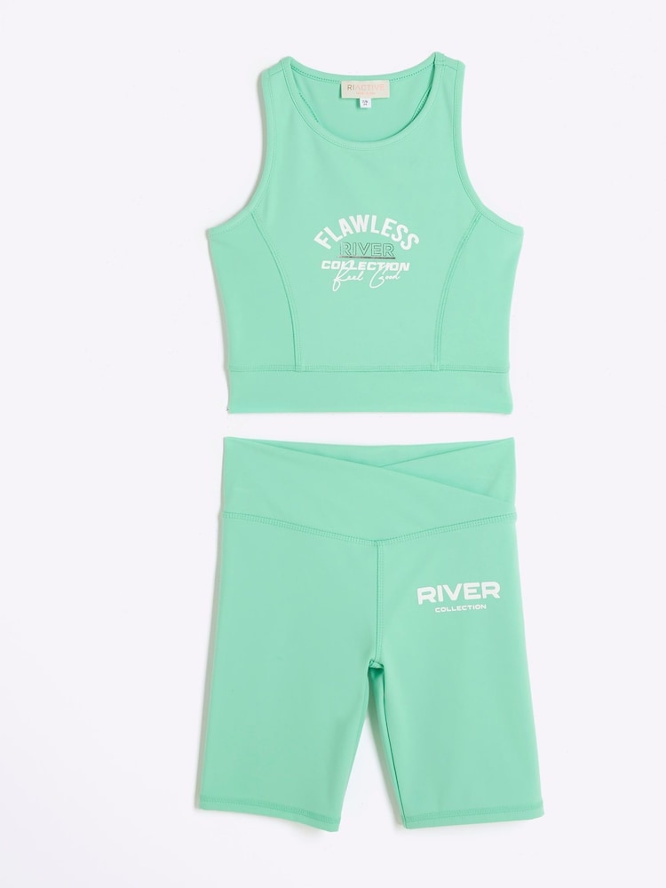 River Island Green Girls 100% Cotton Active Graphic Tank Set - Image 2 of 4