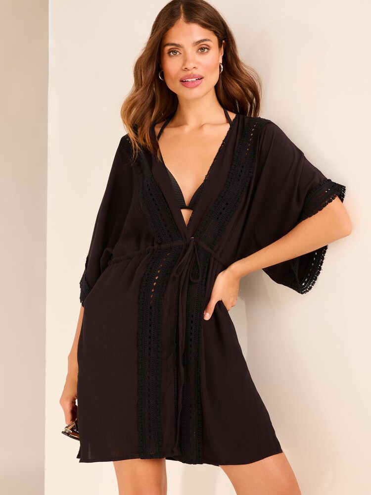 Lipsy Black Lace Trim Kaftan Cover Up - Image 1 of 4