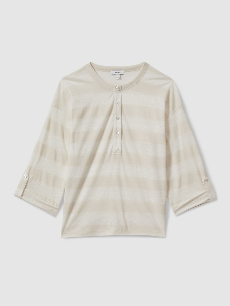 Reiss Neutral/Ivory Olivia Linen-Cotton Striped Henley Top - Image 2 of 6