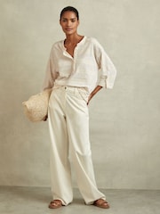 Reiss Neutral/Ivory Olivia Linen-Cotton Striped Henley Top - Image 3 of 6