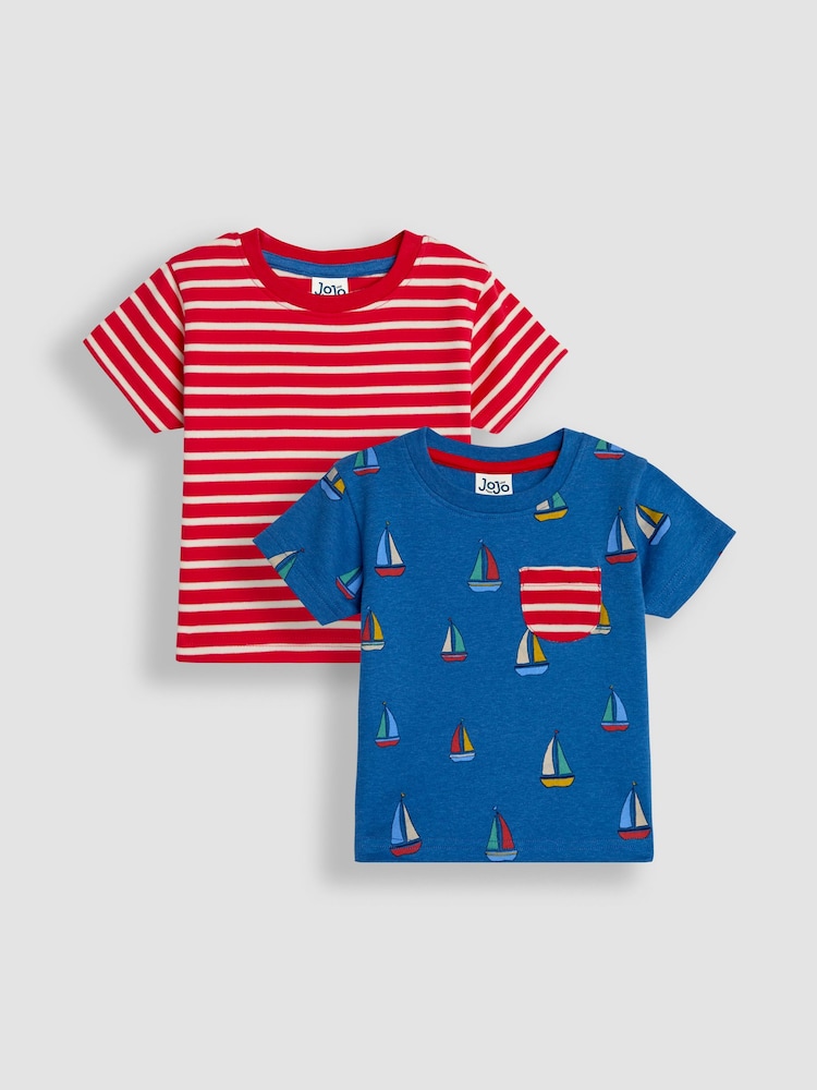 JoJo Maman Bébé T-Shirts mit Segelboot-Print und Streifen 2er-Pack - Bild 1 von 5