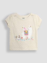 JoJo Maman Bébé Natural Llama Print Appliqué 100% Cotton T-Shirt - Image 1 of 3