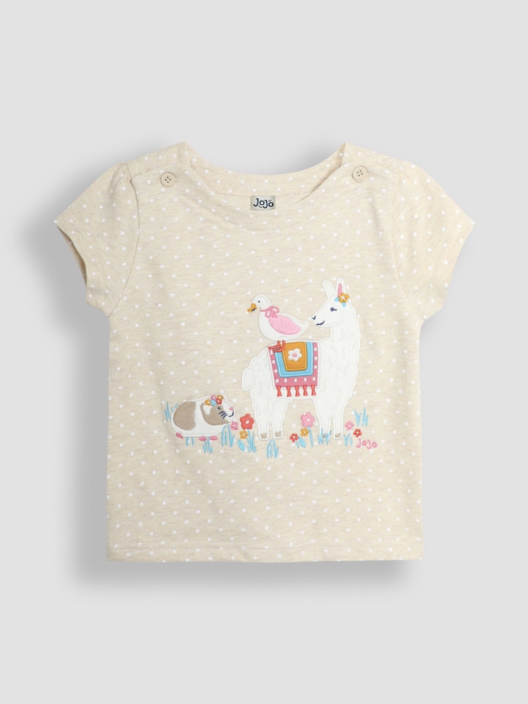 JoJo Maman Bébé Natural Llama Print Appliqué 100% Cotton T-Shirt - Image 1 of 3