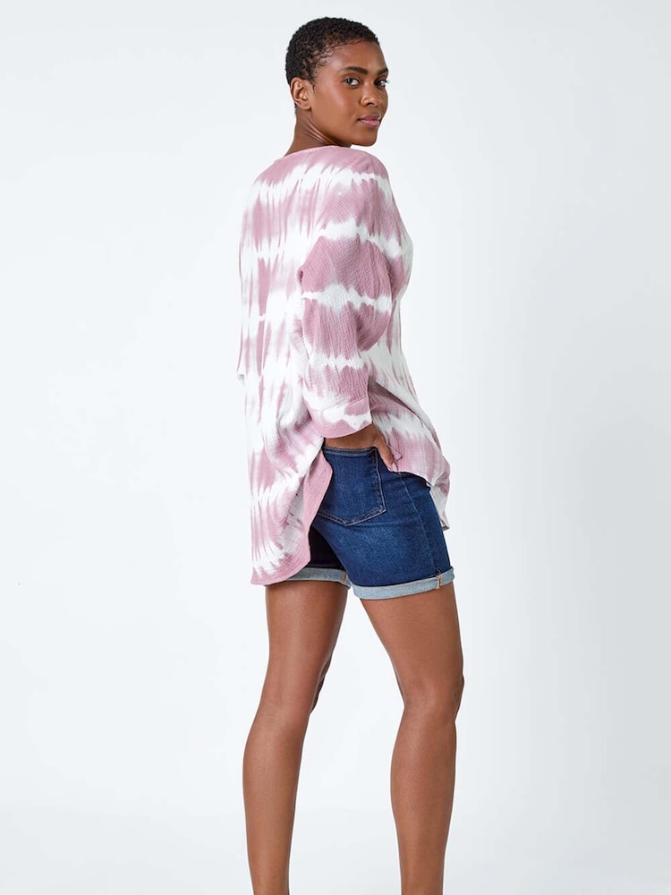 Roman Purple 100% Cotton Tie Dye Button Detail Top - Image 3 of 5