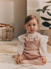Pink Baby Knitted Romper 100% Cotton Dungarees With Blouse And Tights (0mths-2yrs) - Image 1 of 4