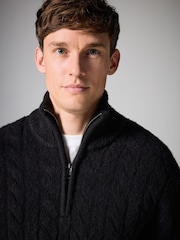 Dark Fig Purple Cable Relaxed Fit Premium Soft Touch Quarter Zip Jumper with Wool - Image 1 of 7