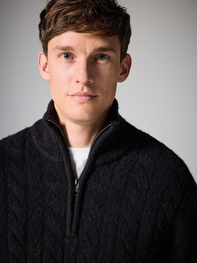 Dark Fig Purple Cable Relaxed Fit Premium Soft Touch Quarter Zip Jumper with Wool - Image 1 of 7