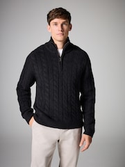 Dark Fig Purple Cable Relaxed Fit Premium Soft Touch Quarter Zip Jumper with Wool - Image 2 of 7