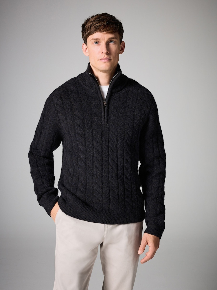 Dark Fig Purple Cable Relaxed Fit Premium Soft Touch Quarter Zip Jumper with Wool - Image 2 of 7