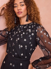 Love & Roses Black Sequin Mesh Polka Dot Tierred Midi Dress - Image 2 of 4