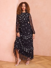 Love & Roses Black Sequin Mesh Polka Dot Tierred Midi Dress - Image 4 of 4
