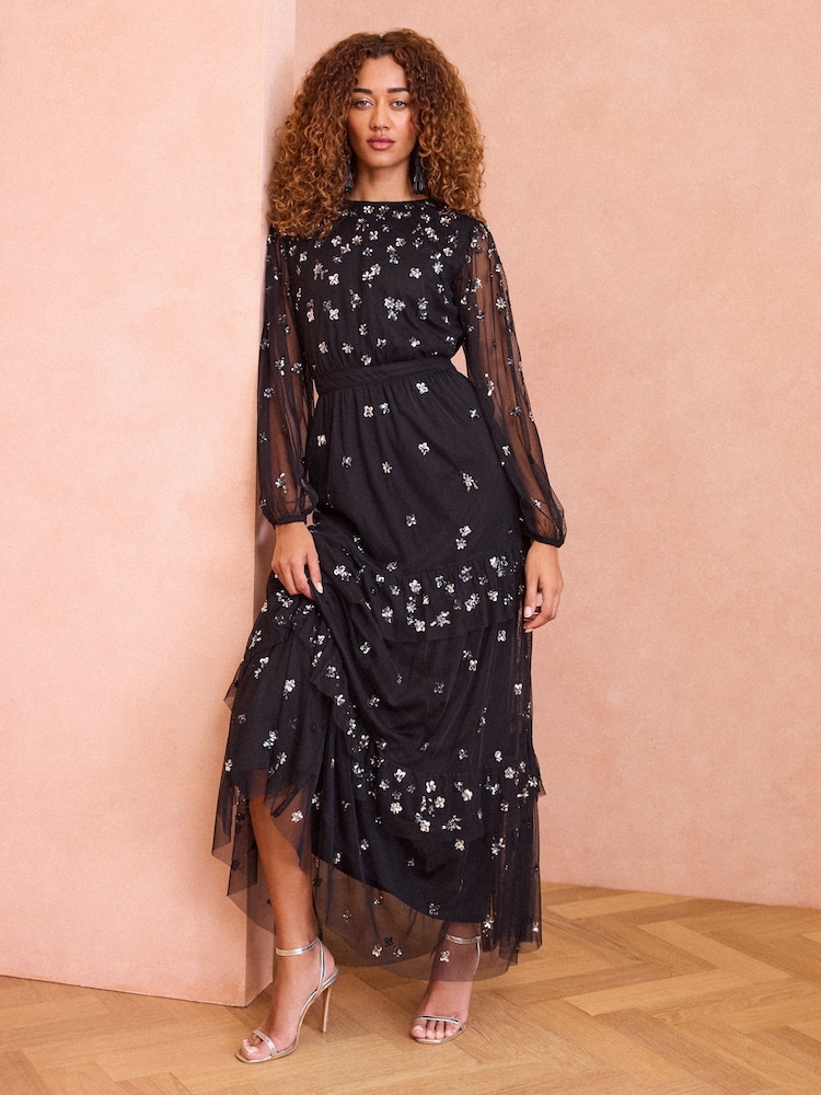 Love & Roses Black Sequin Mesh Polka Dot Tierred Midi Dress - Image 4 of 4