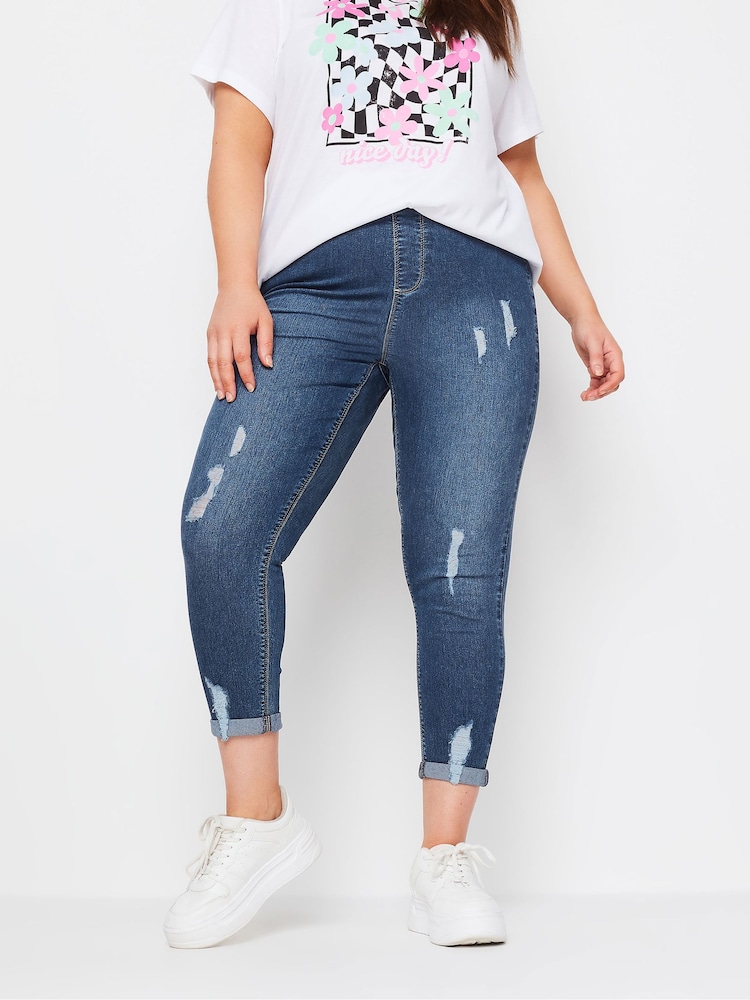 Умеренный синий - Yours Curve Grace Turn Up Ripped Cropped Jeggings - Изображение 1 из 5
