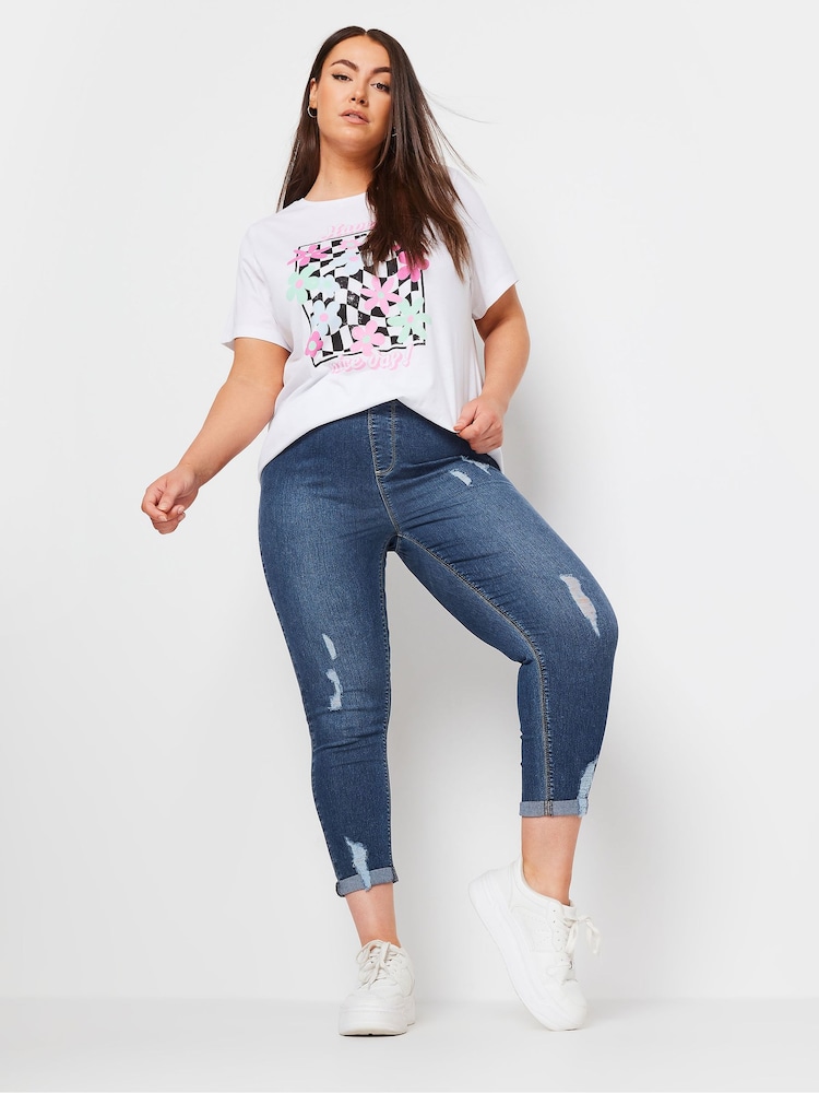 Умеренный синий - Yours Curve Grace Turn Up Ripped Cropped Jeggings - Изображение 2 из 5