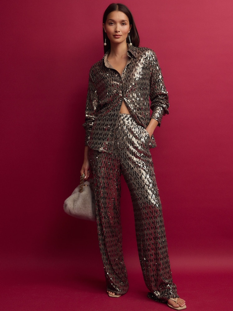 Gold Wide Leg Sequin Trousers - Image 1 of 4