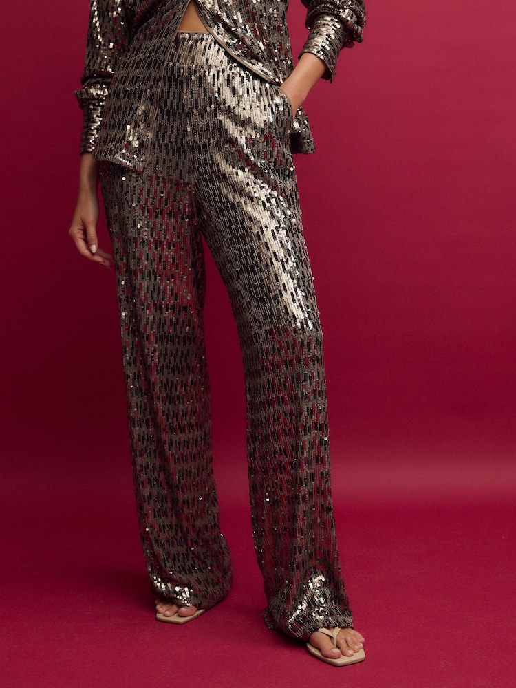 Gold Wide Leg Sequin Trousers - Image 2 of 4