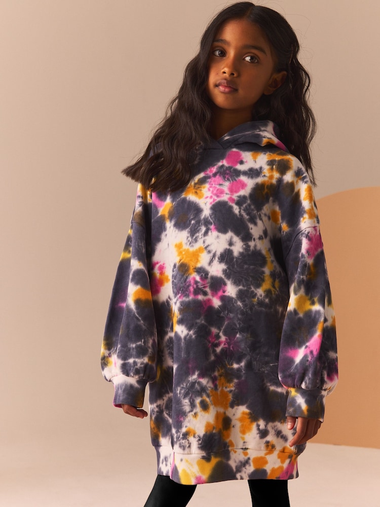 Black Pink Tie Dye Printed Longline Hoodie (3-16yrs) - Image 1 of 9