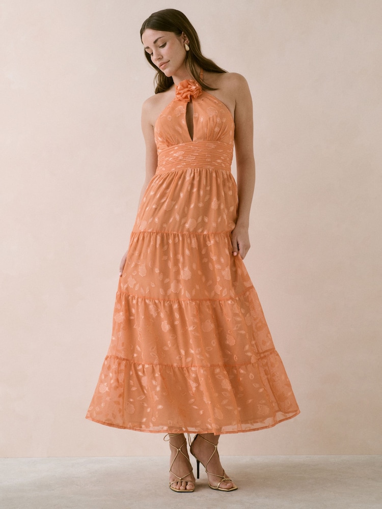 Maya Orange Halter Neck Midaxi Dress With Corsage - Image 2 of 4 Maya Orange Halter Neck Midaxi Dress With Corsage - Image 2 of 4
